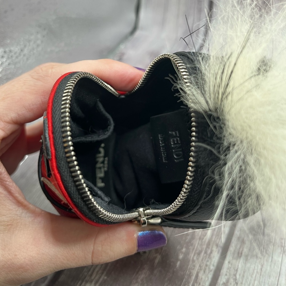 FENDI Monster Mini Backpack Bag Charm Leather Nylon & Fur Red Black w/ Box RARE - Picture 12 of 16